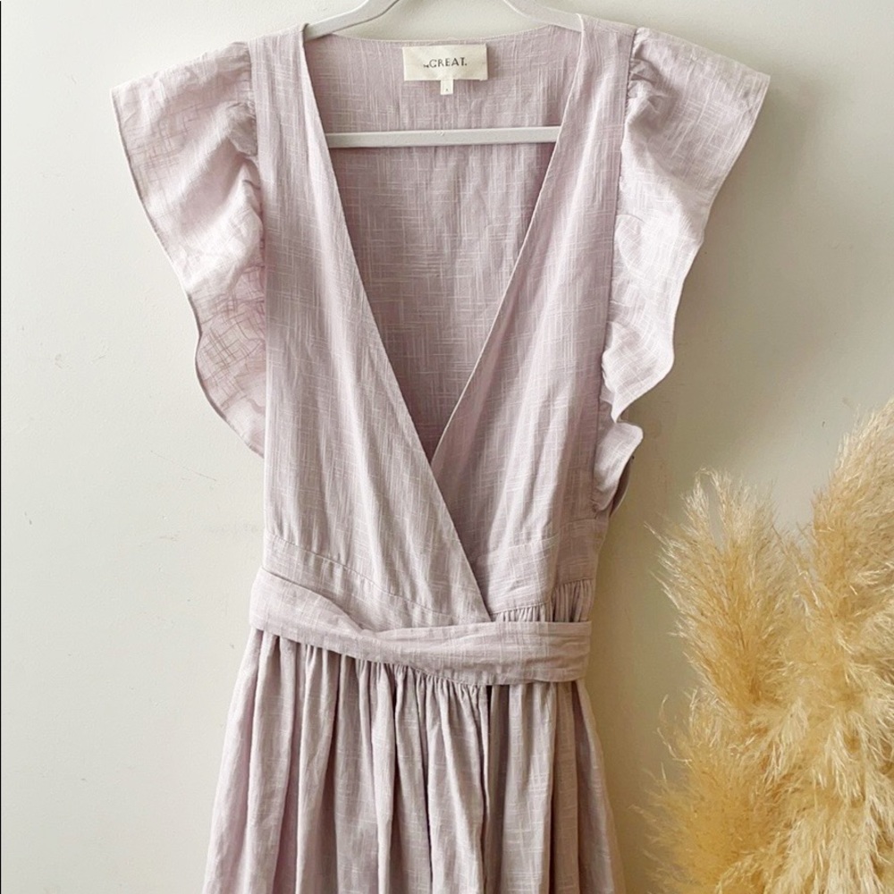 THE GREAT. Lavender Midi Dress with Ruffle Sleeves